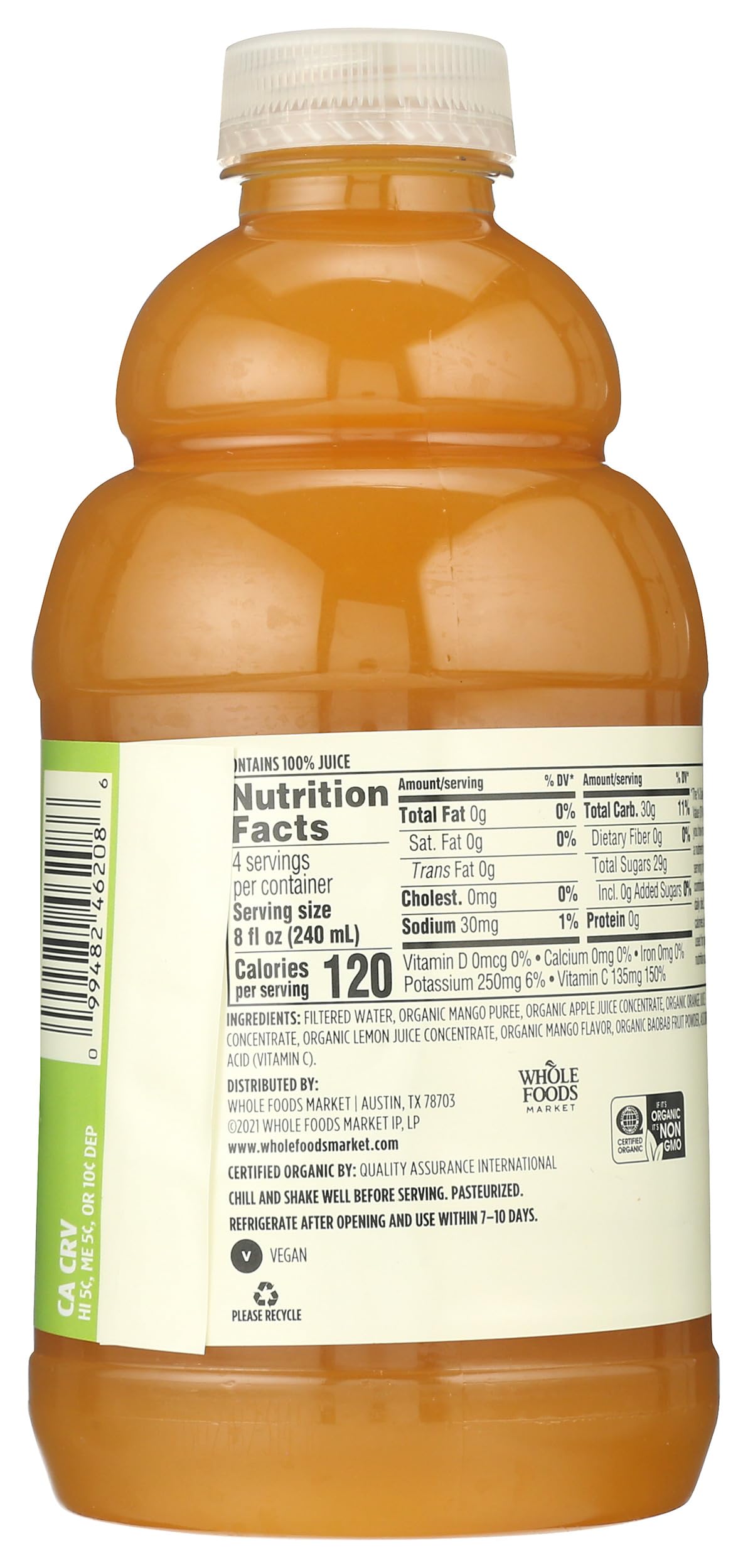 Whole Foods Market, Juice Mango Apple Orange Baobab Organic, 32 Fl Oz