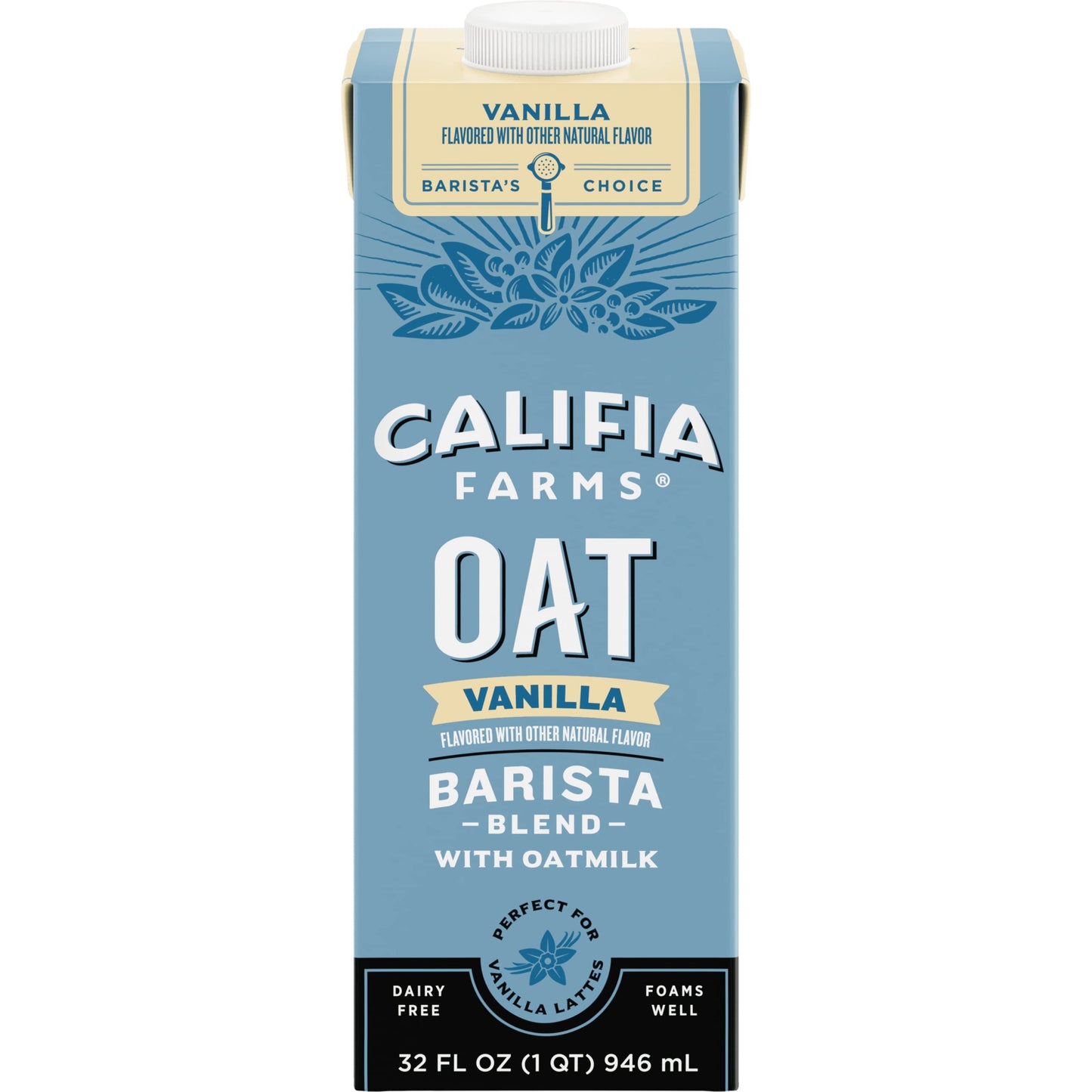 Califia Farms - Vanilla Oat Barista Blend Oat Milk, 32 Oz, Dairy Free, Vegan, Plant Based, Gluten Free, Non Gmo, Milk Frother, Coffee Creamer