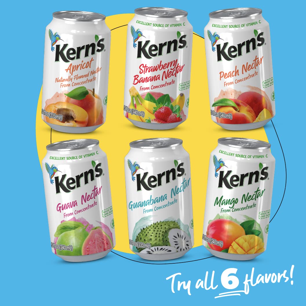 Kerns Peach Juice Nectar - Peach Nectar Made with Fresh Fruit Puree - Fruit Juice Concentrate for Smoothie Mix  Cocktail Mixers & Kids Drinks & Beverages - 11.5oz  24 Pack Canned Drinks