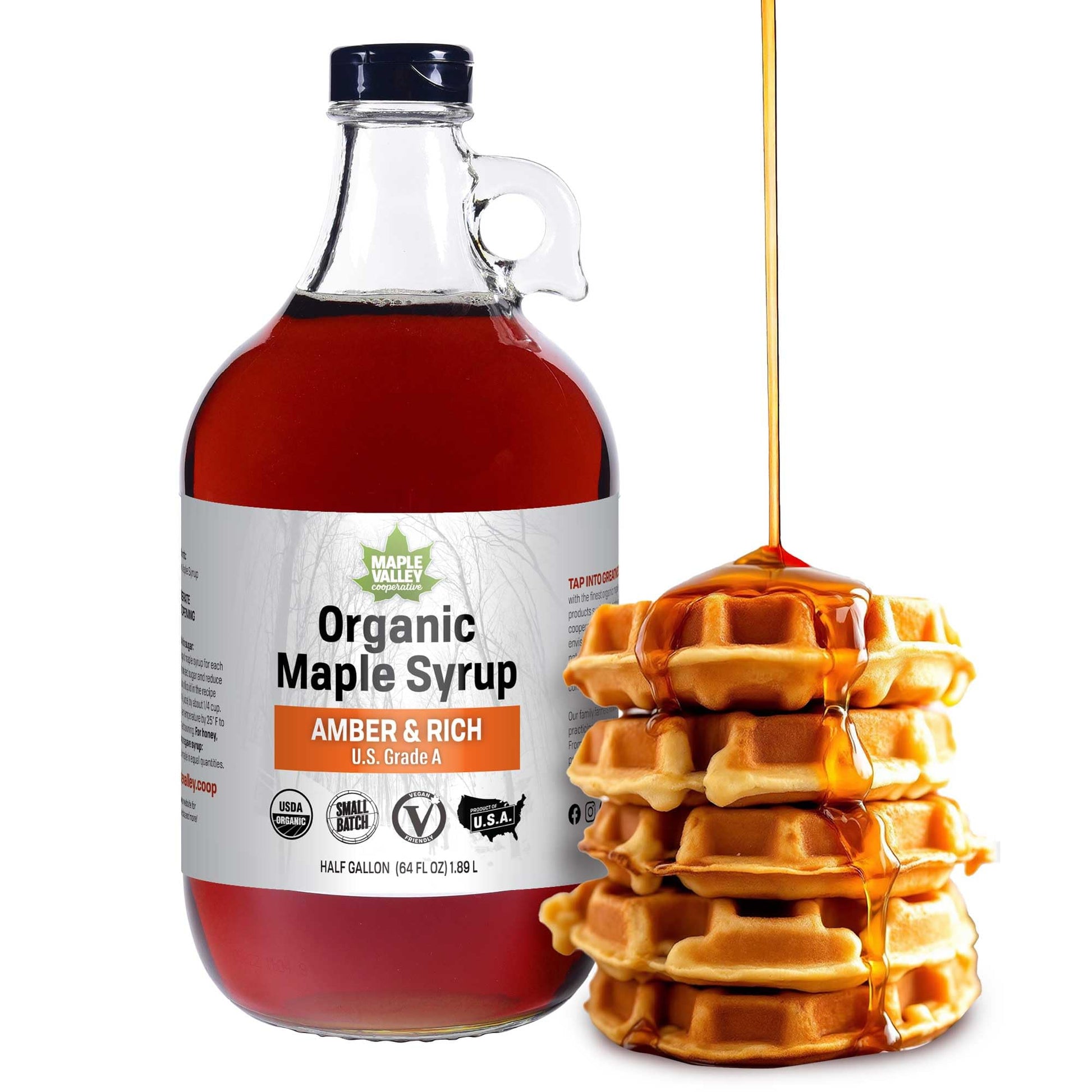 Maple Valley Organic Pure Maple Syrup, Amber, 64 Fl Oz Glass Bottle, All-Natural Sugar Substitute for Cooking and Baking
