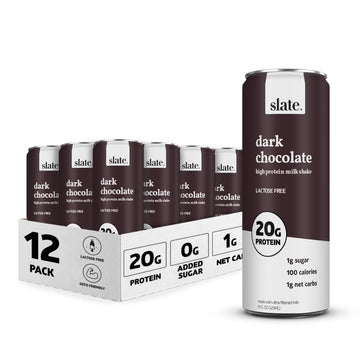 Slate High Protein Shake - Dark Chocolate, 20g Protein, 0g Added Sugar, Lactose Free, Keto, 11 Fl Oz (Pack of 12)