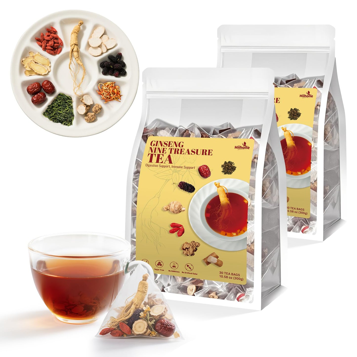 HIIHONE Kidney Tea Formula Ginseng Tea Bags, 60 Bags (2 Pack), Traditional Chinese Herbal Blend for Men & Women