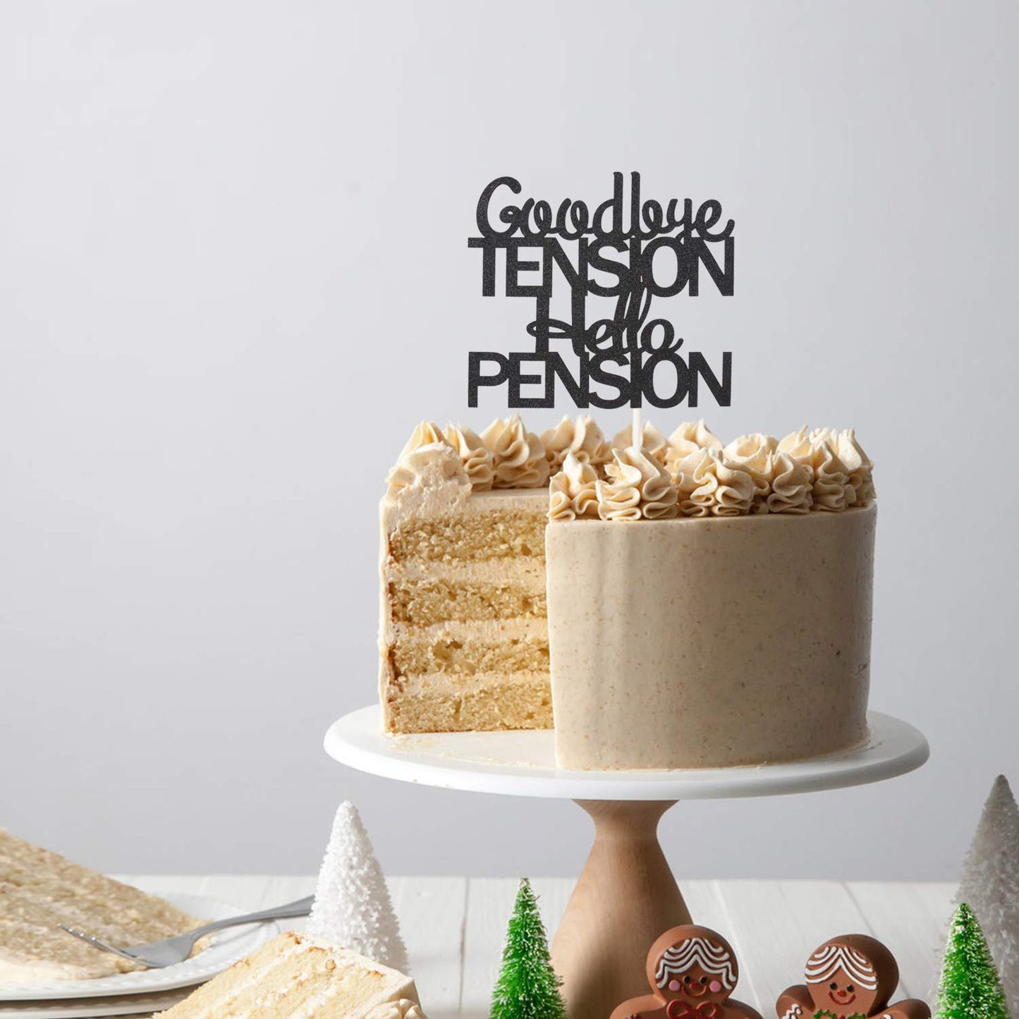Goodbye Tension Hello Pension Cake Topper,Double Sided Black Glitter Happy Retirement Party Decorations Leaving Party Sign