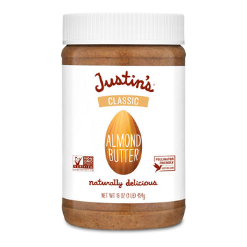 Justins Almond Butter, Gluten-free, Non-GMO, Keto-friendly, 16 Ounce Jar, Pack of 6