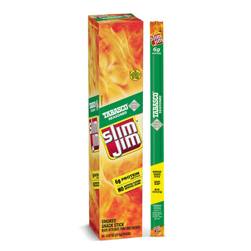 Slim Jim Giant Smoked Meat Sticks, Tabasco Flavor, 6g Protein, 0.97 oz. (24 Count), Model 11730