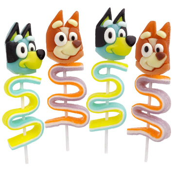 Bluey and Bingo Gummy Lollipops, Character Candy Skewers with Twisted Fruit Gummies - Individually Wrapped Party Favor Treats, (