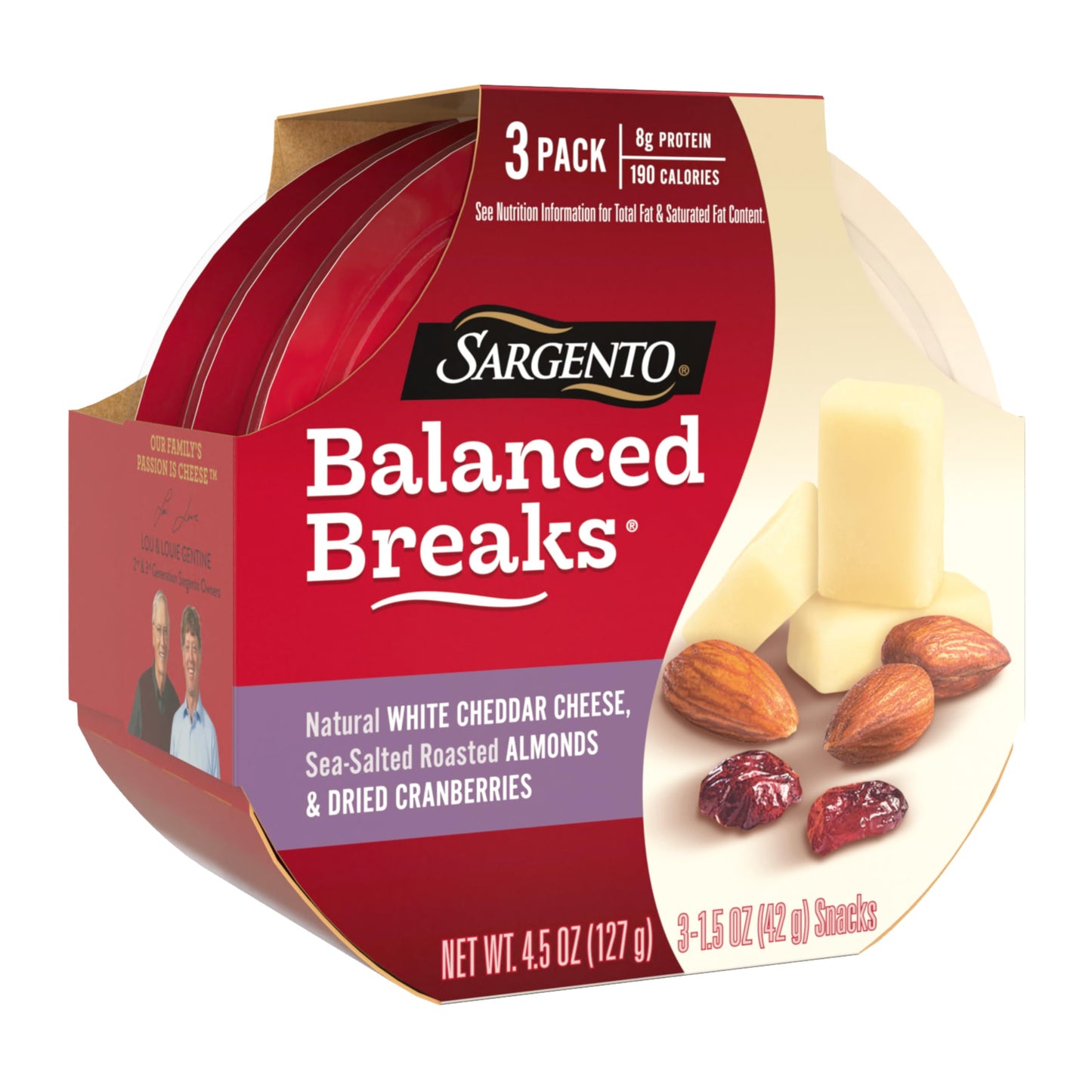 Sargento Balanced Breaks Natural White Cheddar Cheese, Sea-Salted Roasted Almonds and Dried Cranberries Snack Kit, 3-Pack