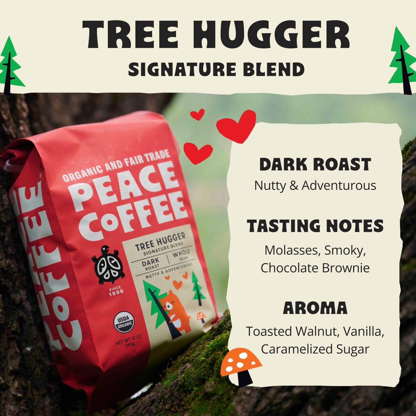 Peace Coffee Tree Hugger Signature Blend | 20 Oz Ground Dark Roast | Organic Fair Trade | Soft, Smooth Flavor | Shade Grown, Fresh Roasted