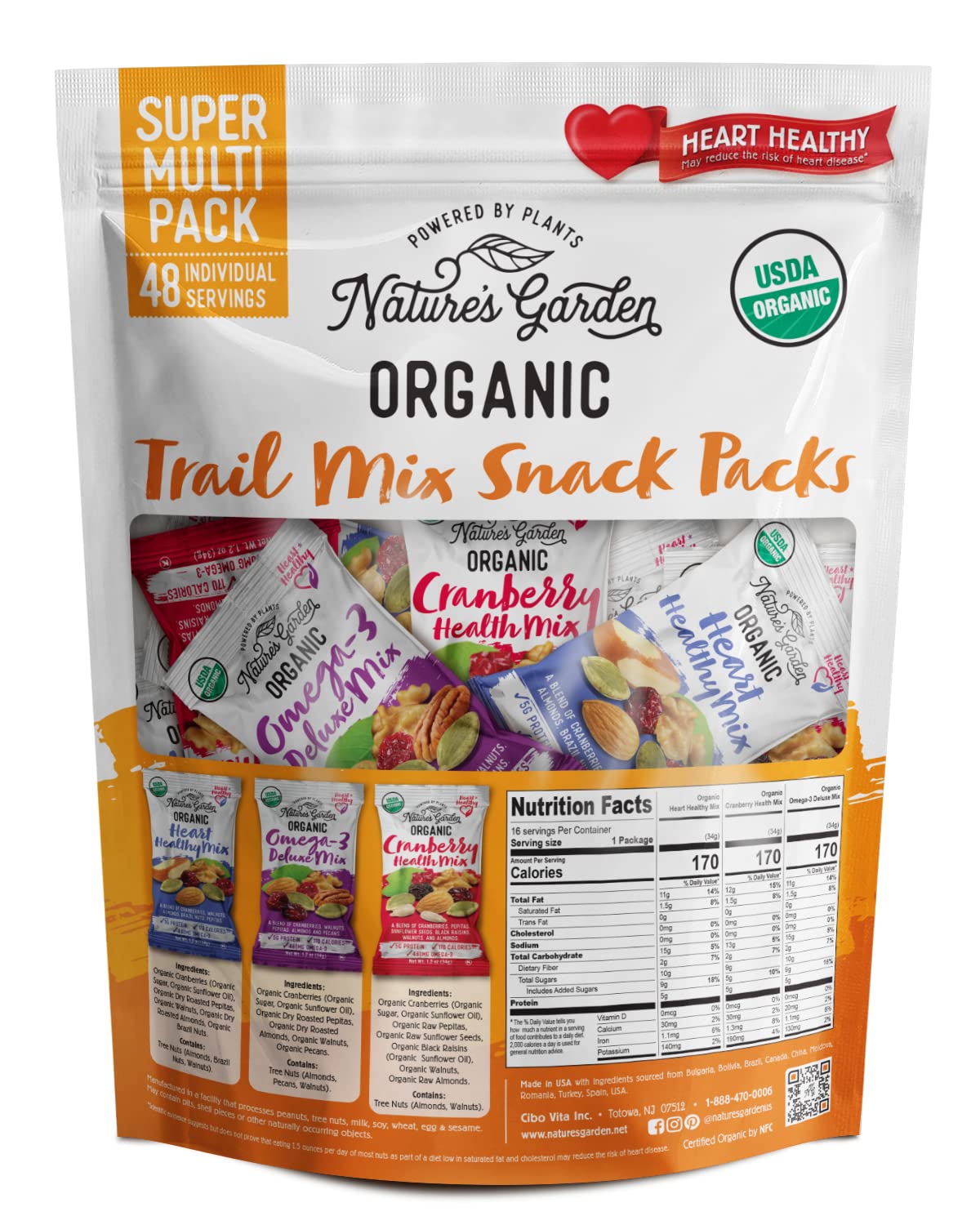 Nature'S Garden Organic Trail Mix Snack Packs - Trail Mix Variety, Energy Boosting, Heart Healthy, Omega-3 Rich, Cranberries, Pu