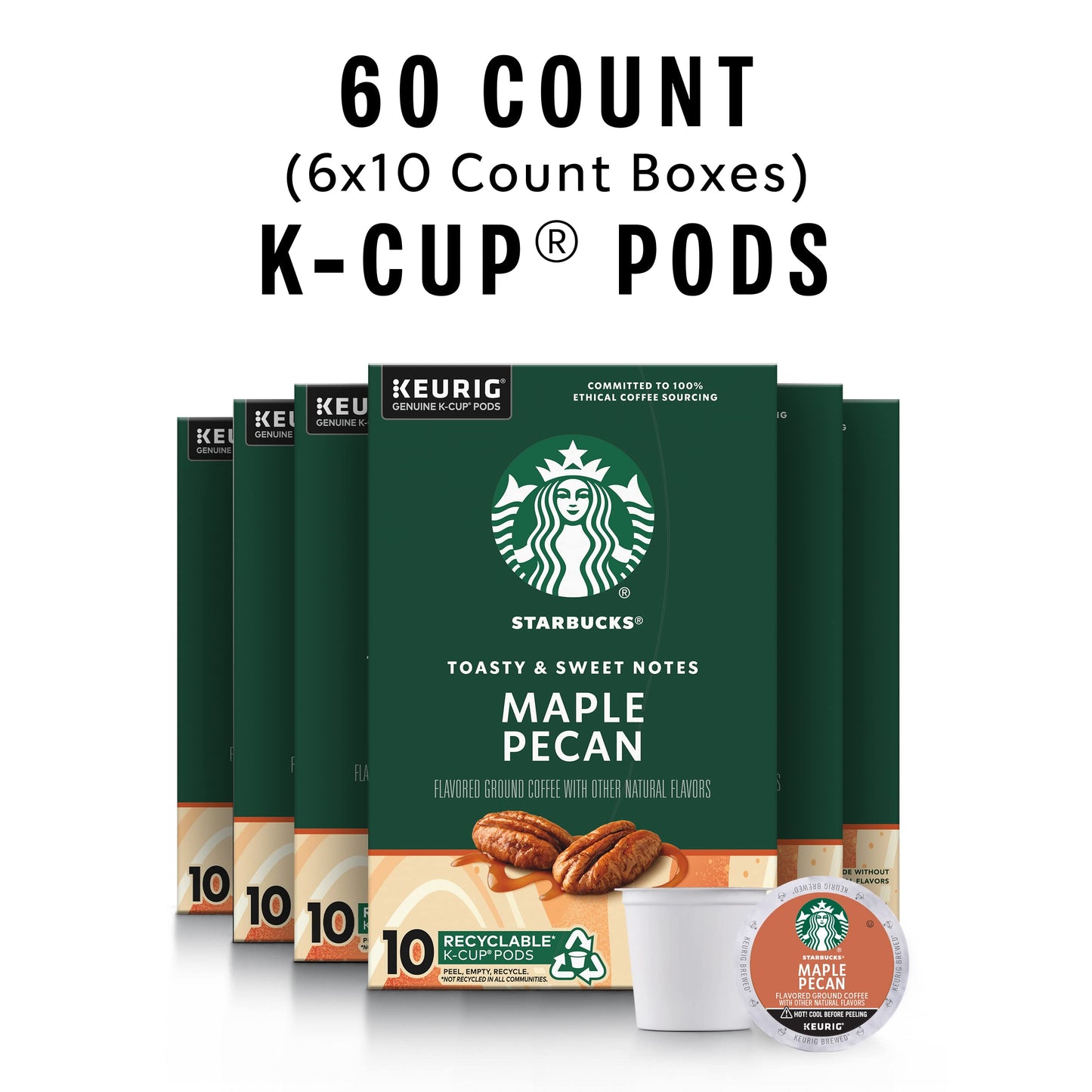 Starbucks Maple Pecan Flavored K-Cup Pods, 100% Arabica Coffee, 60 Pods (6 Boxes), Naturally Flavored, Perfect for Coffee Lovers