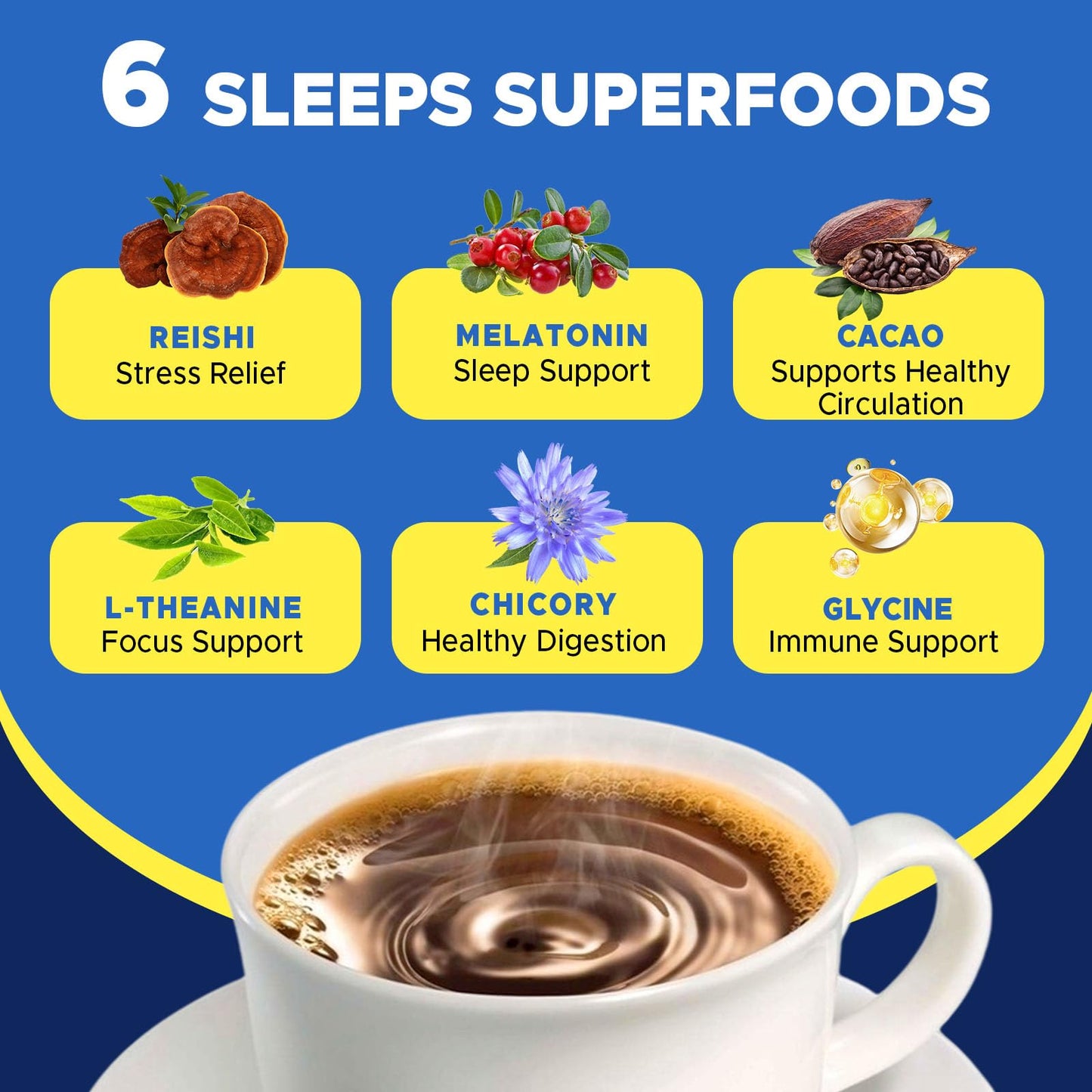 JUYIHEAL Mushroom Hot Cocoa dietary product with Melatonin, Reishi, L-Theanine, 7.76 oz, 20 Servings