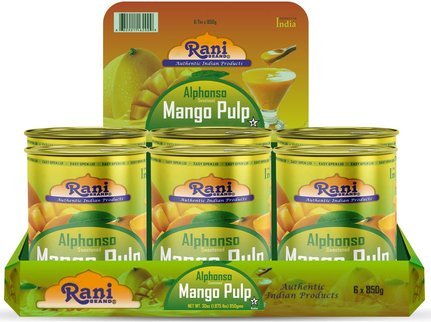 Rani Mango Pulp Puree (Makes Mango Lassi Shakes) Alphonso Sweetened 30Oz (1.875Lbs) 850G Pack Of 6 ~ Kosher | All Natural | Non-Gmo | Vegan | No Colors | Gluten Friendly | Indian Origin