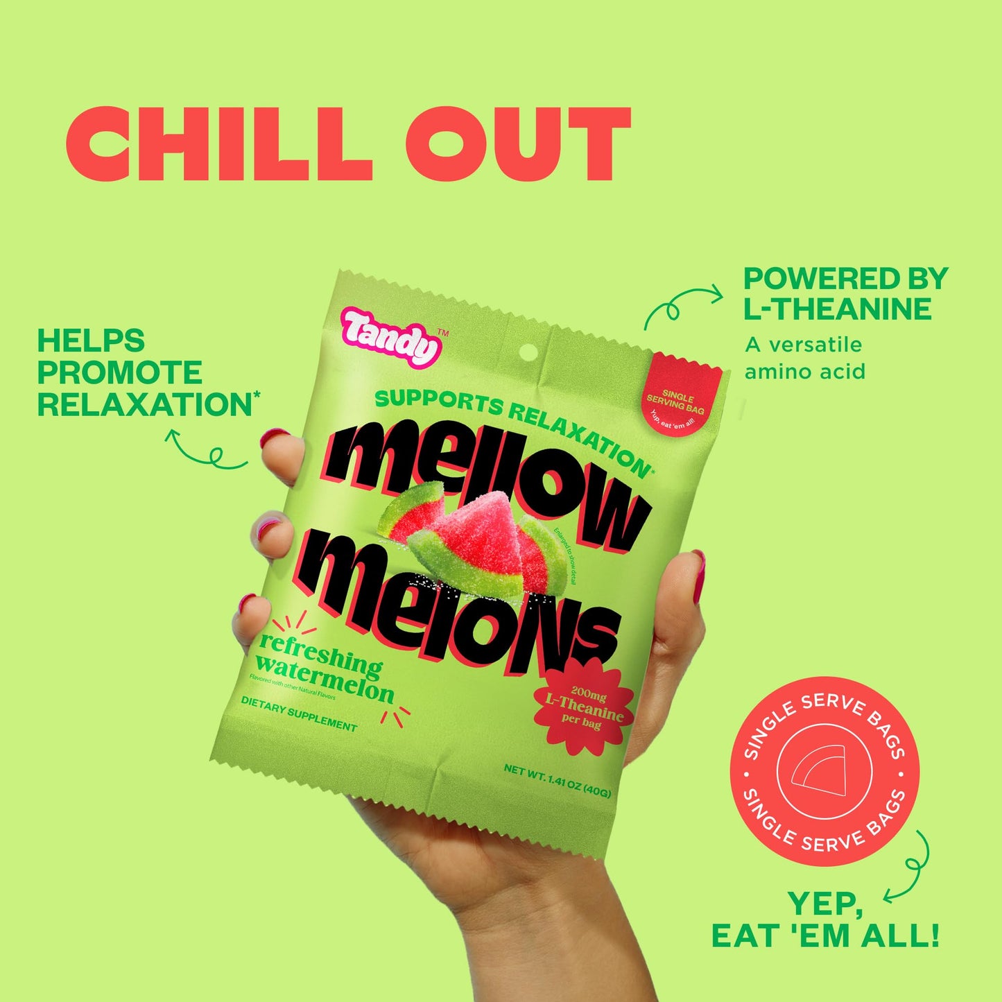 Tandy Mellow Melons Gummies - Relaxation Gummy dietary product, Watermelon Flavor, Gluten-Free, 6-Pack, 1 Count