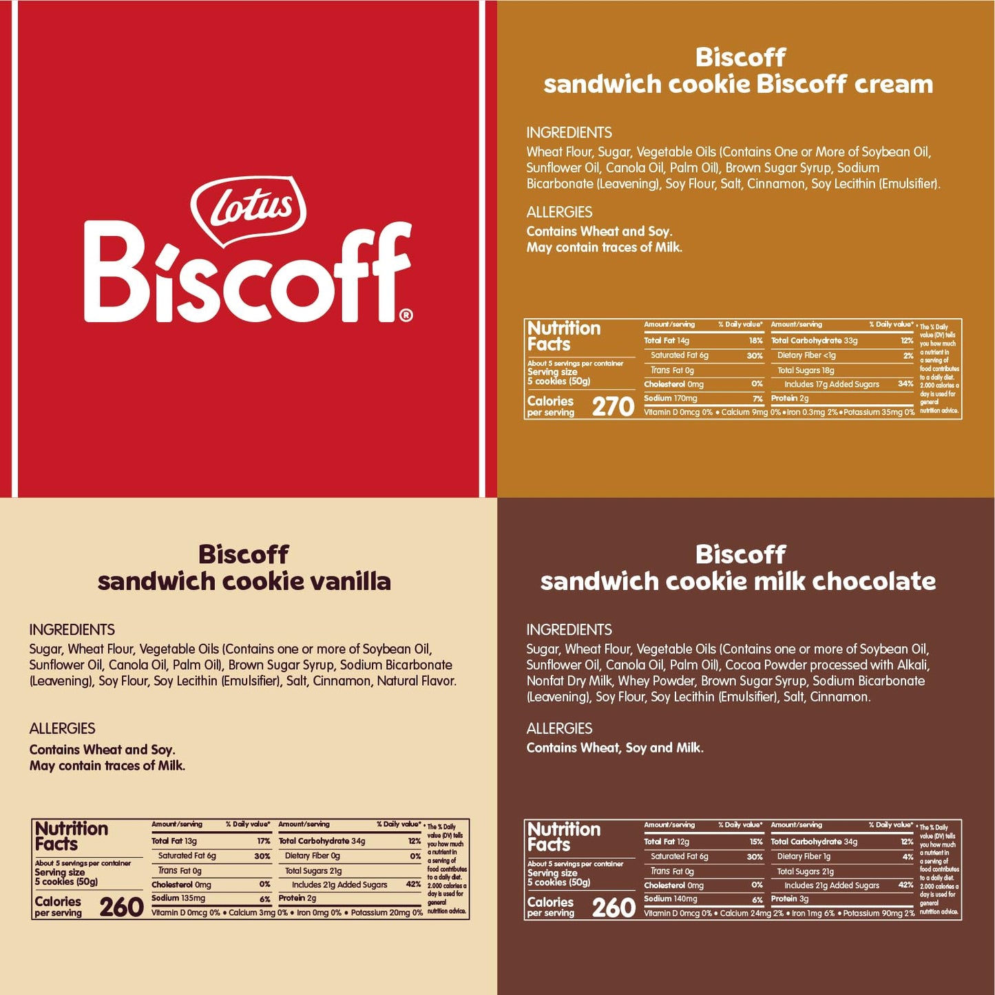 Lotus Biscoff Sandwich Cookies, Variety Pack, Biscoff Cream/Vanilla Cream/Milk Chocolate Cream, 15 Cookies per pack, 5.29 Ounces