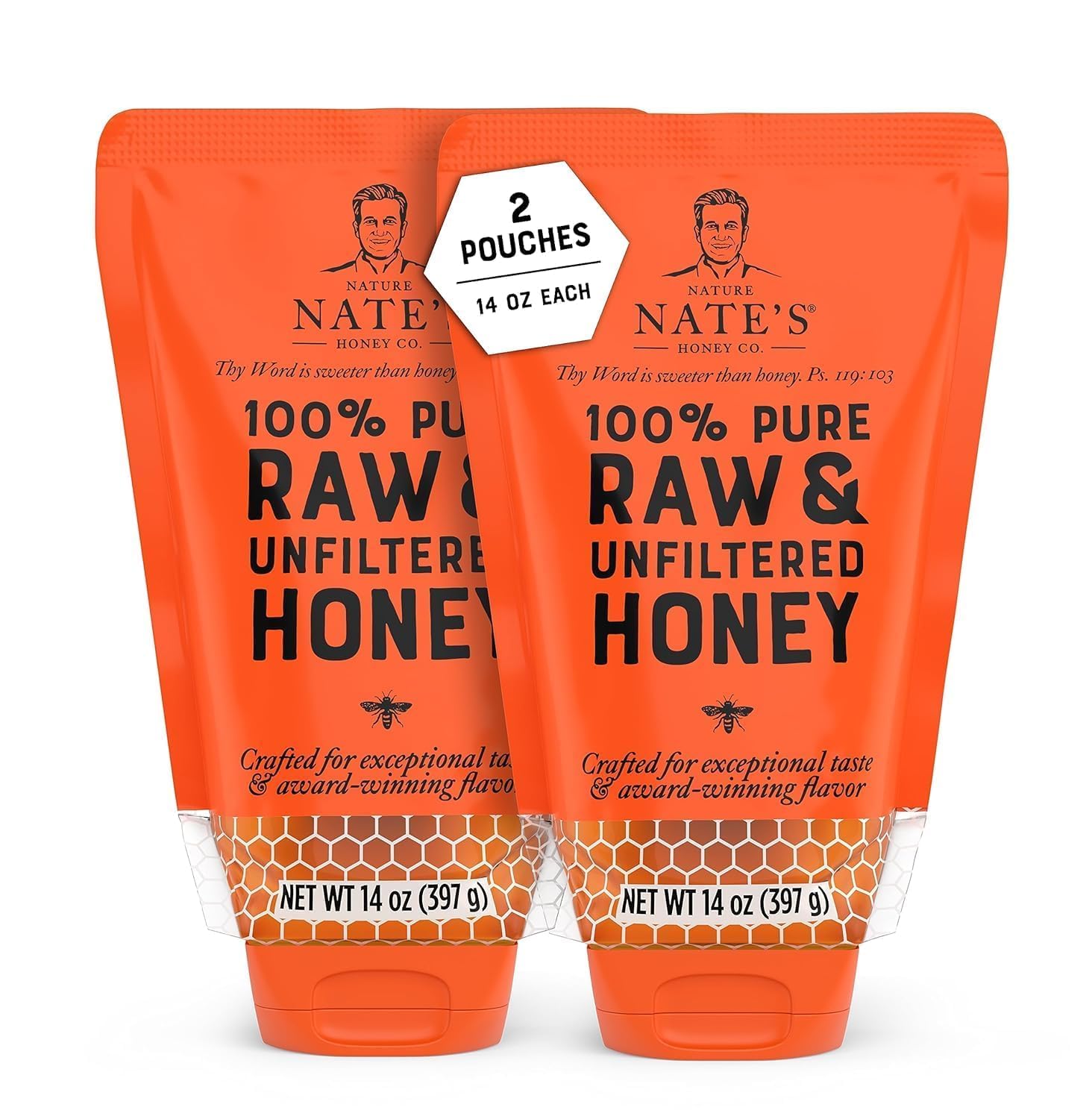 Nature Nate's 100% Guarantee Pure Raw & Unfiltered Honey, No-Drip Sustainable Squeeze Pouch, 14 Oz (Pack of 2)