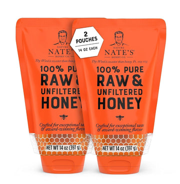 Nature Nate's 100% Guarantee Pure Raw & Unfiltered Honey, No-Drip Sustainable Squeeze Pouch, 14 Oz (Pack of 2)