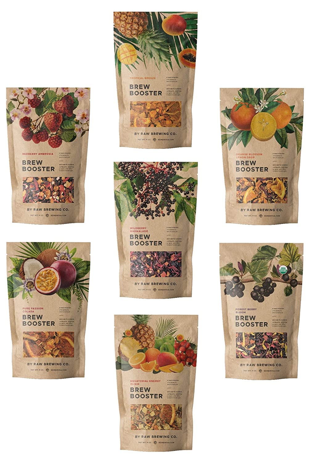 Raw Brewing Company Kombucha Starter Kit with Gaia & Honey Scoby, 6 Flavor Tea Pack, 7 Flavor Brew Booster, 84 Ounce