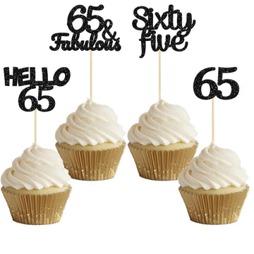 Gyufise 24Pcs Black Glitter 65Th Birthday Cupcake Toppers Hello 65 Sixty Five Cake Toppers 65 & Fabulous Cupcake Picks For 65Th