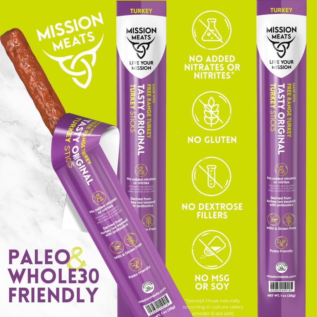 Mission Meats Turkey Sticks - Sugar Free, Gluten Free, Whole 30, Paleo, 1 Ounce, Pack of 24
