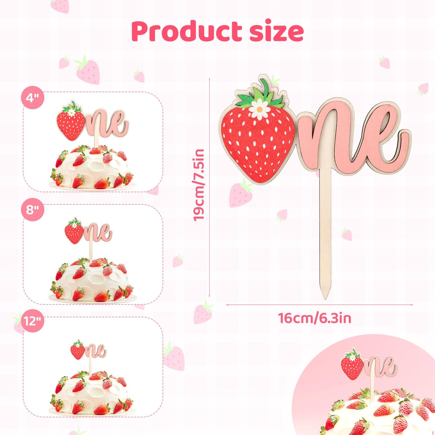 PEUTIER Wooden Strawberry Cake Topper - Pink - 6.3 x 7.5 inches - Model 13113 - Perfect for First Birthday and Baby Shower Parties