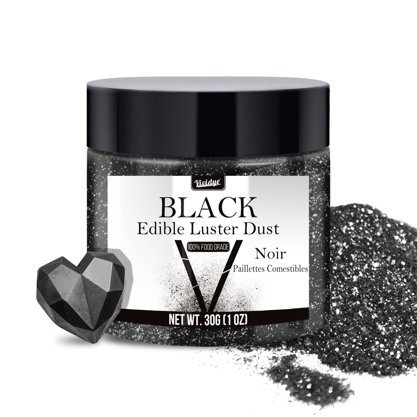 Vividye Edible Glitter Powder - 30g Luster Dust for Food & Drink Decoration - Black Shimmering Baking & Beverage Enhancer