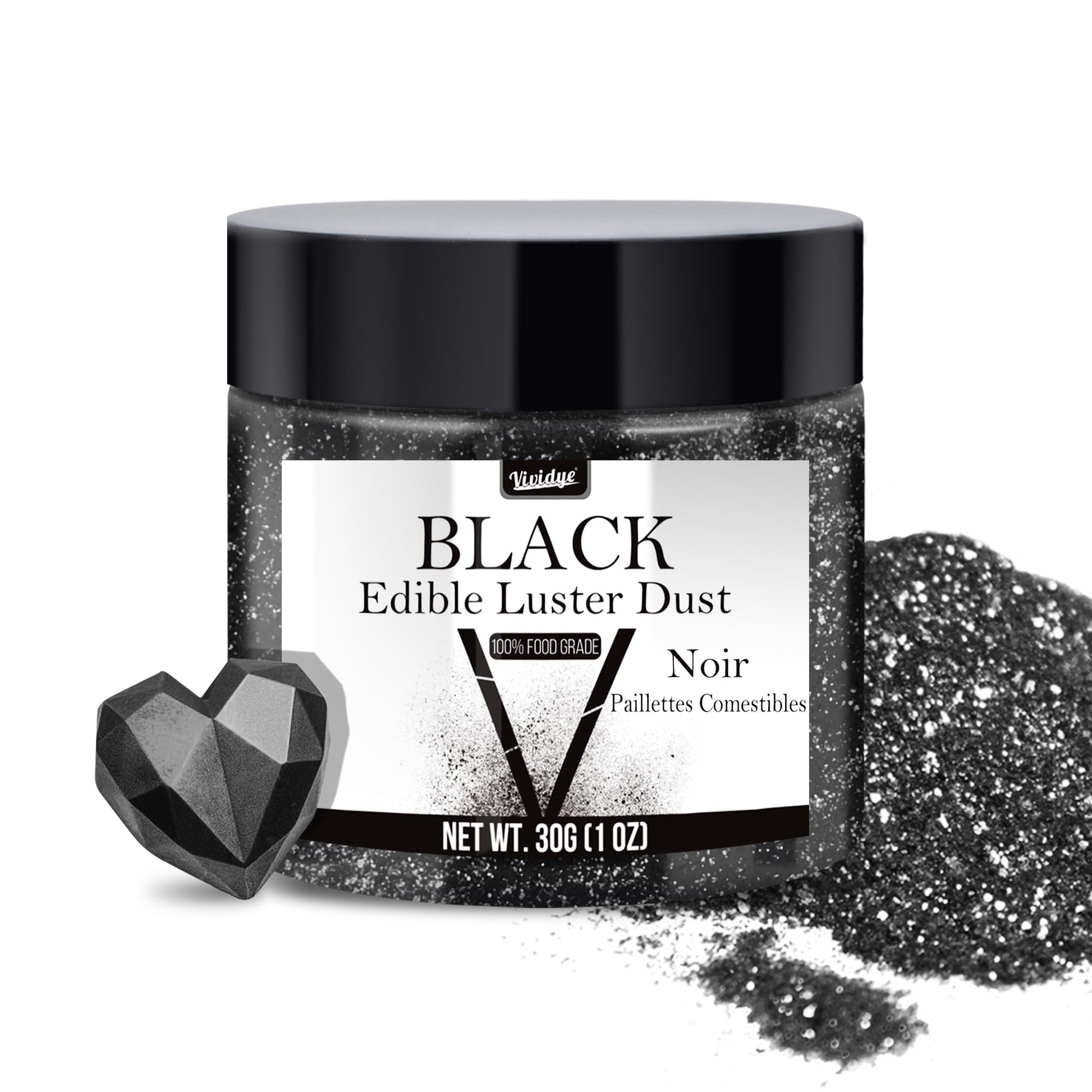 Vividye Edible Glitter Powder - 30g Luster Dust for Food & Drink Decoration - Black Shimmering Baking & Beverage Enhancer