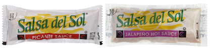 Salsa Del Sol Bundle with Picante Sauce and Jalapeno Hot Sauce, 50 Packets of Each (Pack of 100) - Packed in Make Your Day Box