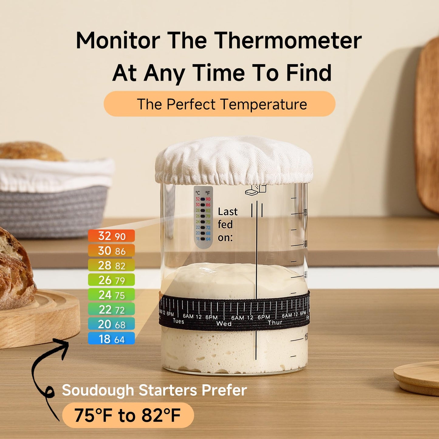 HomeFeel enhanced Sourdough Starter Jar - 34 Oz Large Glass Jar with Bamboo Lid  Cloth Cover  Date Tracker  Thermometer and Scr  Stylish Design and Wide Mouth Starter Kit (2 Pack)