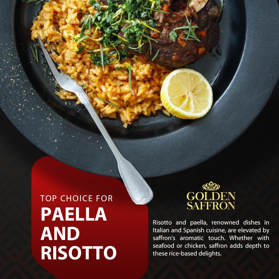 Golden Saffron, Enhanced Spanish Saffron Threads, Pure Red Spanish Saffron Spice Threads, For Culinary Use Such As Tea, Paella Rice, Risotto, Tachin, Basmati Rice (2 Grams)
