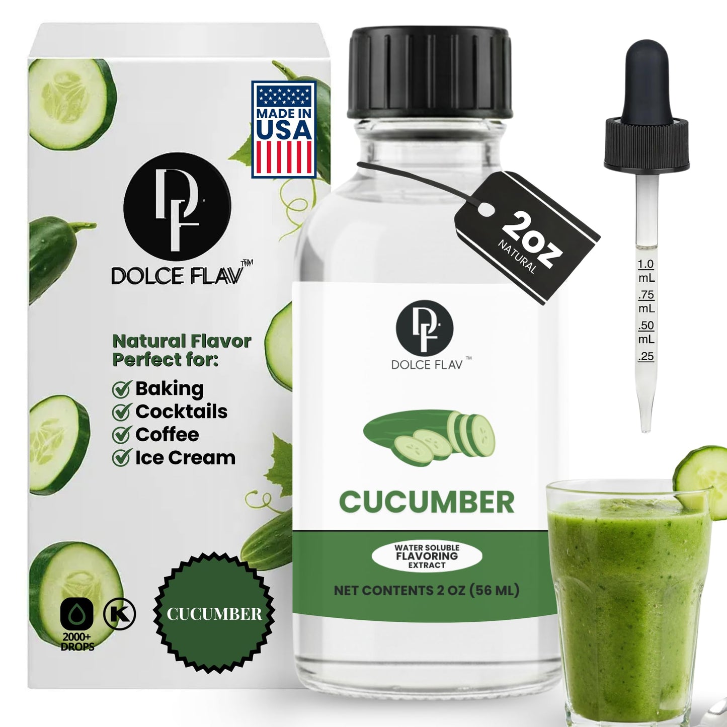 Dolce Flav Natural Cucumber Extract - 2 Ounce Water-Soluble Kosher  Sugar-Free  Concentrated Birthday Cake Flavor For Frosting  Cupcakes & Ice Cream  Includes Measured Dropper