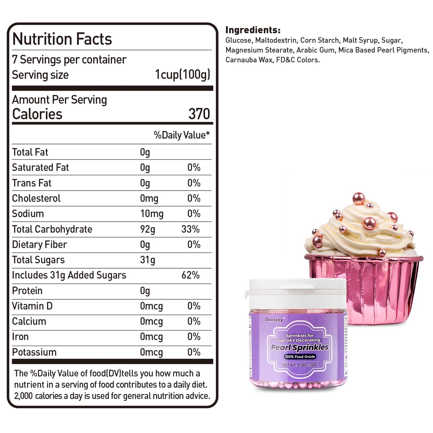 Dazzjoy Edible Rose Gold Pearl Sugar Candy Sprinkles, Mix Size, 4.58Oz, Sprinkles For Cupcake Decorating, Baking Cake Decoration