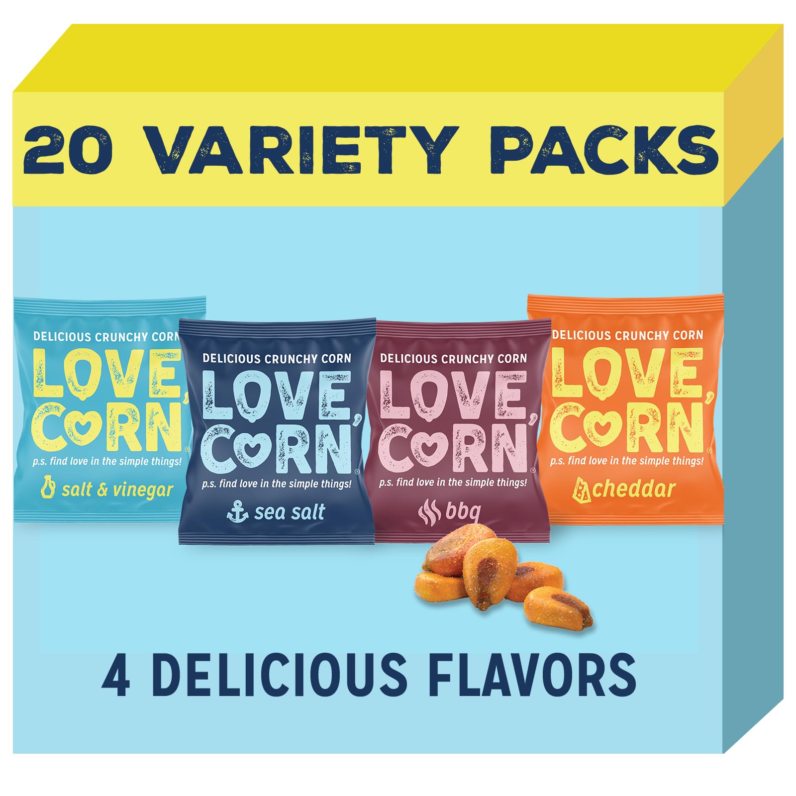 Love Corn Family Favorite - Sea Salt, Bbq, Salt & Vinegar, Cheezy 0.7Oz X 20 - Delicious Crunchy Corn - Healthy Family Snacks -