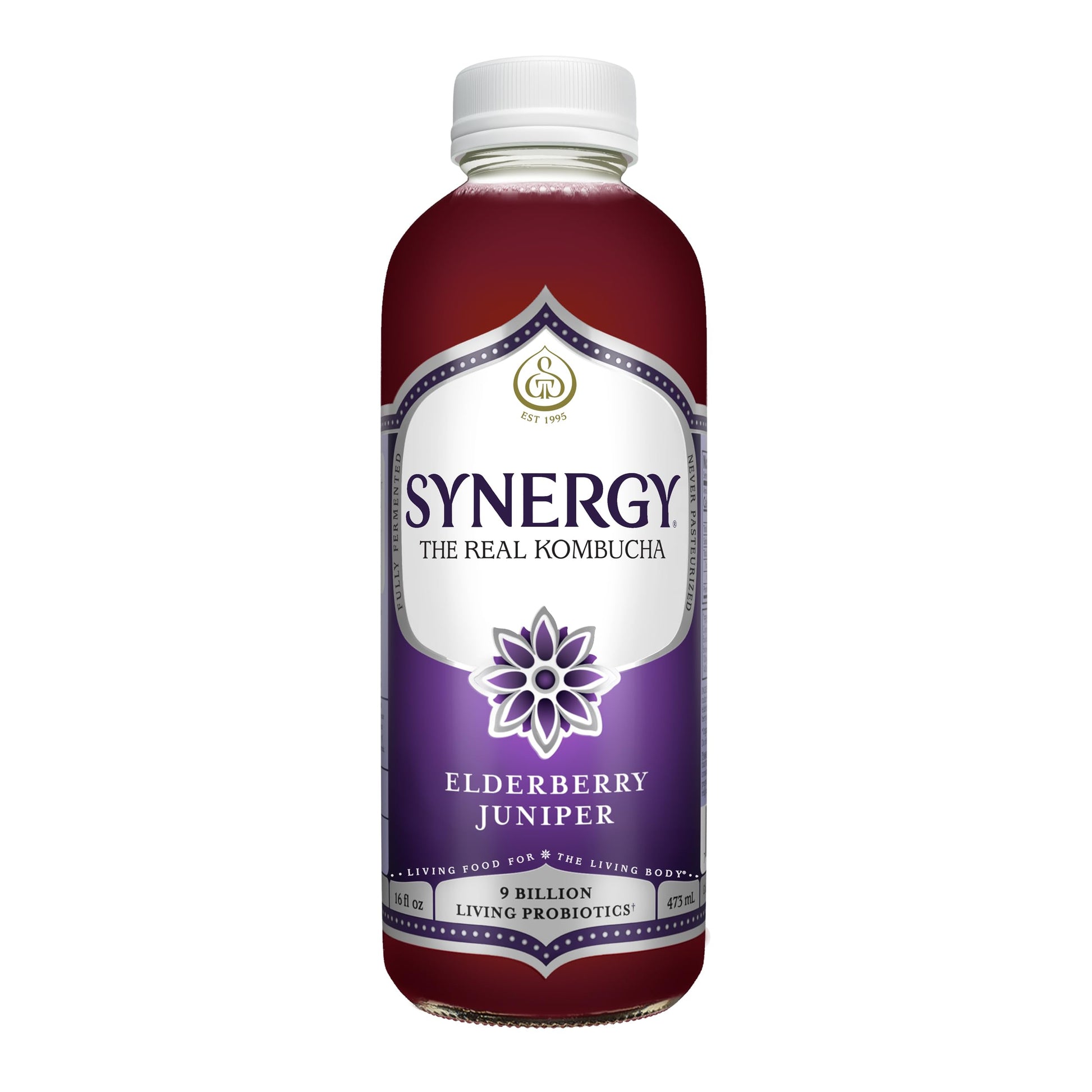 SYNERGY The Real Kombucha - Elderberry Juniper - 16 fl oz Bottle - Raw Probiotic Drink for Gut Health and Immune Support