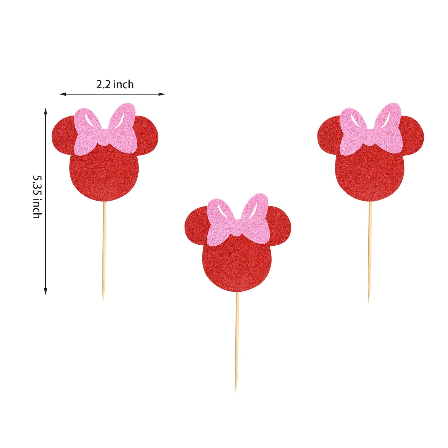Arthsdite 24Pcs Mouse Inspired Cupcake Toppers With Pink Bow Red Glitter Mouse Cake Decorations For Baby Shower Wedding Kids Bir