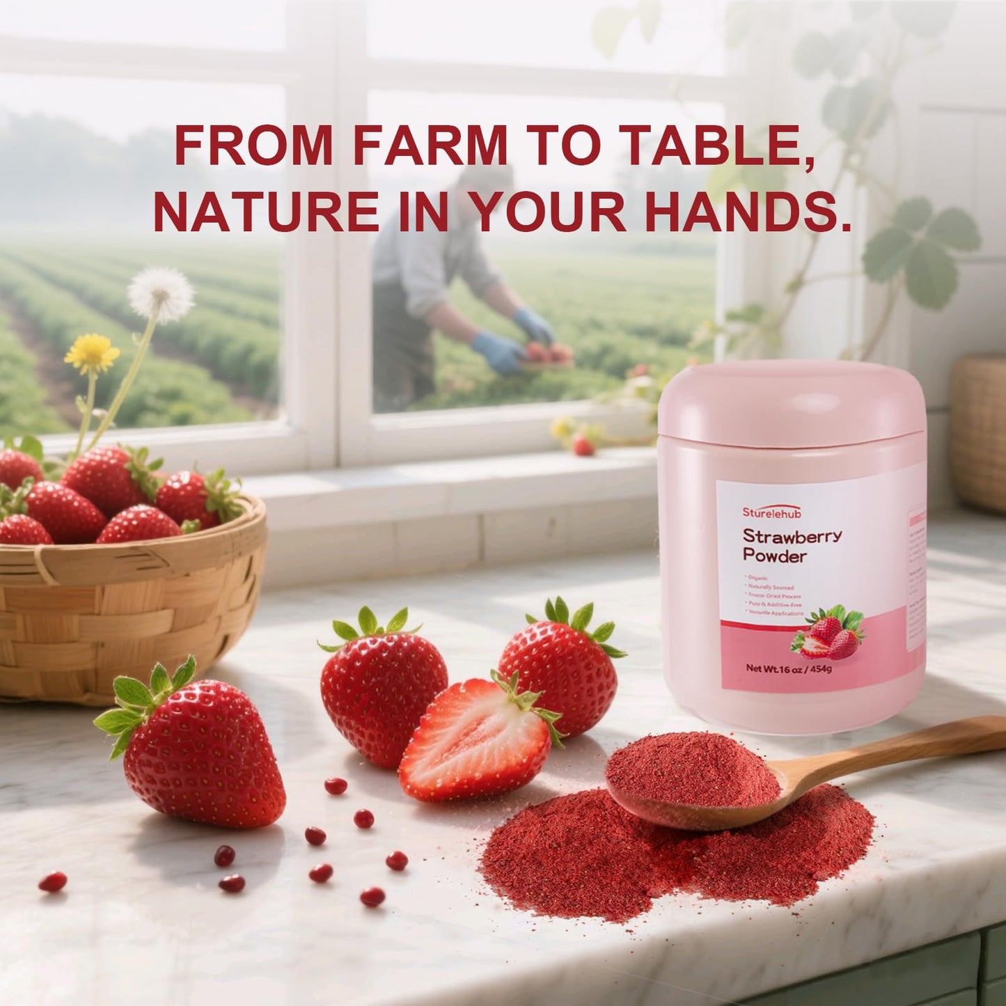Sturelehub Strawberry Powder, Organic Freeze Dried Strawberry, 16oz, Deep Rose Red
