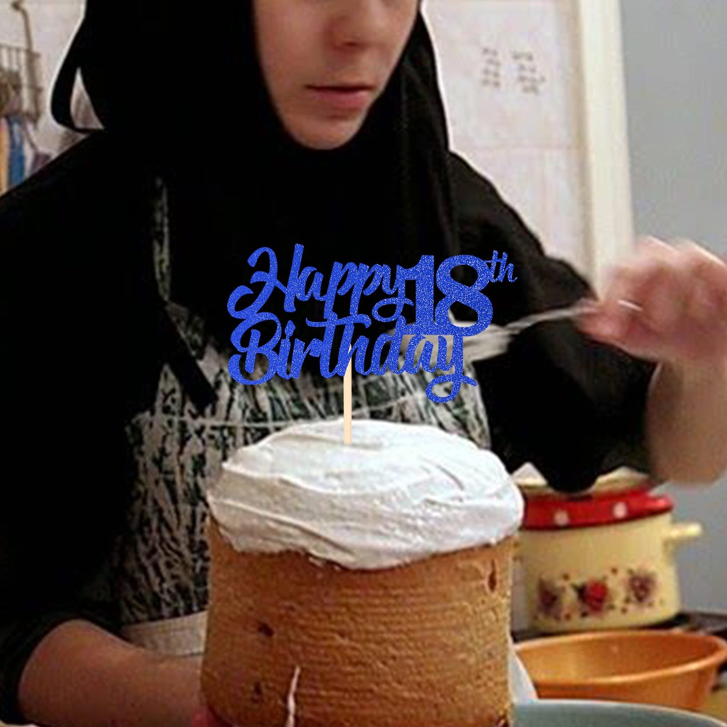 YCTHUNFISH 18th Birthday Cake Topper Glitter Paper Small Blue Eighteen Years Old Decoration