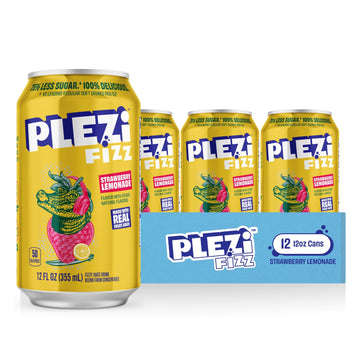 PLEZi FiZZ Strawberry Lemonade Sparkling Juice - Healthy Soda Alternative with Real Fruit Juice, No Added Sugar - Low Sugar Spar