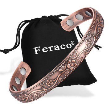 Feraco Magentic Copper Bracelet For Women,Vintage Flower Copper Cuff Bracelet,99.99% Pure Copper With Magnets,Adjustable Magneti
