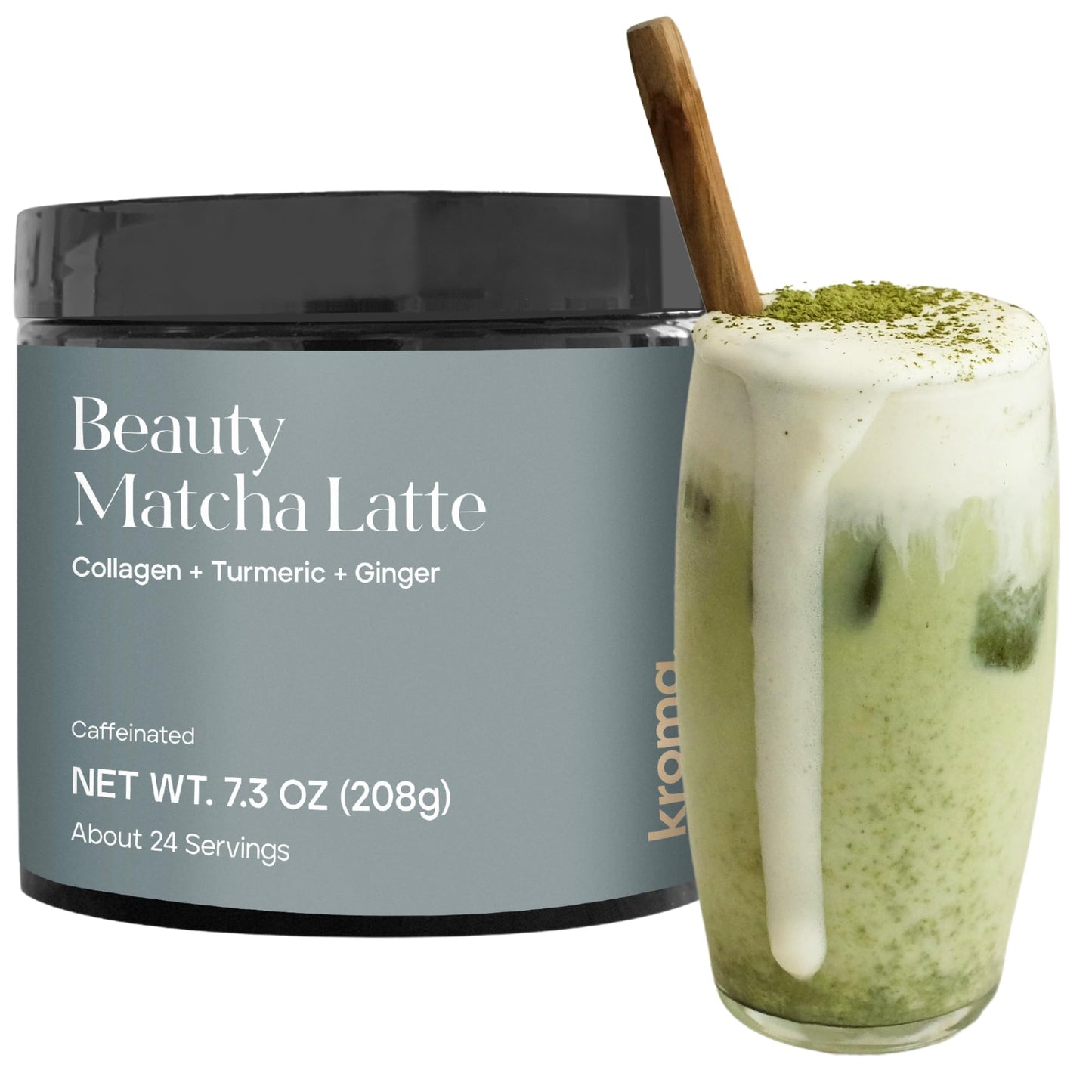 KROMA. Beauty Matcha Latte Powder, Collagen Ceremonial Grade, 7.18 Oz, 24 Servings, with Ginger & Turmeric, Adaptogenic Mushrooms