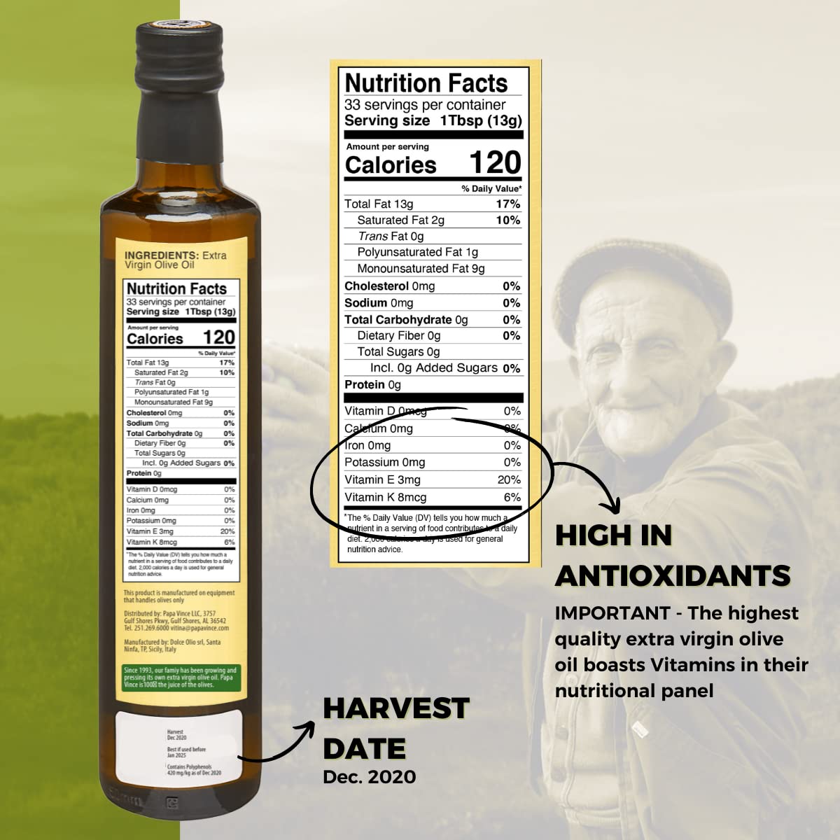 Papa Vince Extra Virgin Olive Oil, First Cold Press, 16.91 Fl Oz, Polyphenol Rich, Unrefined, No Pesticides, No GMO, Sicily, Italy