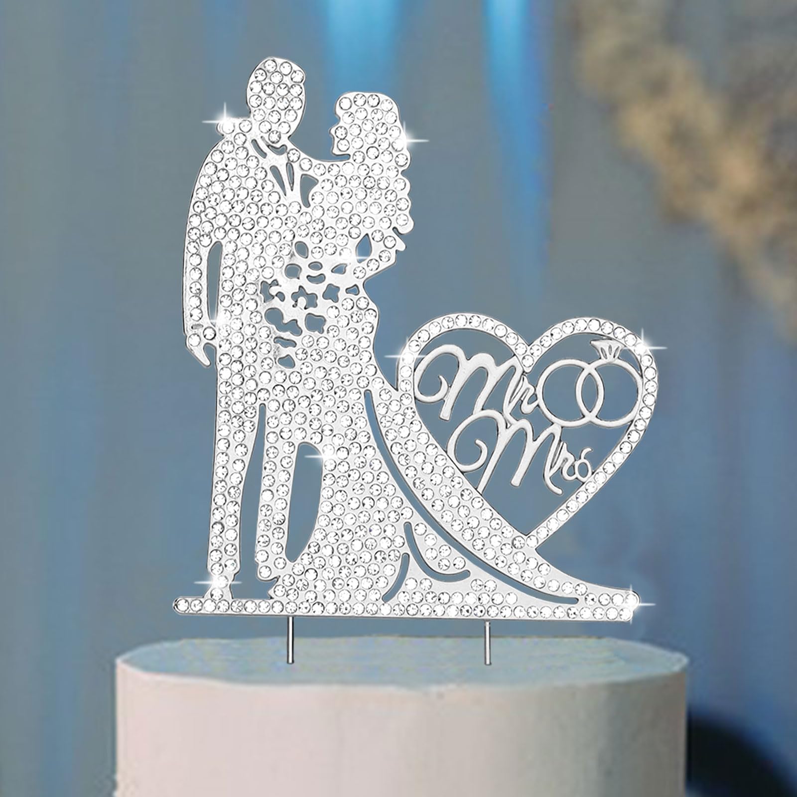 Jaciya Mr & Mrs Cake Topper - Bride & Groom Rhinestone Silver Metal Wedding Cake Decorations