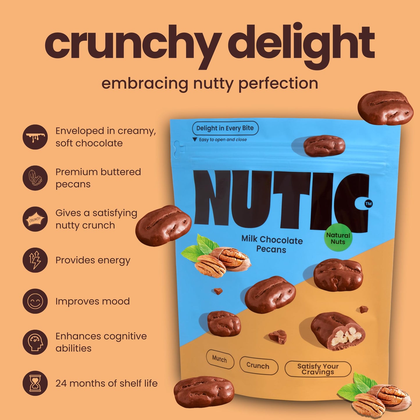 Nutic Milk Chocolate Covered Pecans - 1Lb - Sweet Delights - Indulge In Soft & Creamy, Exquisite Candy Clusters & Sweet Snacks,