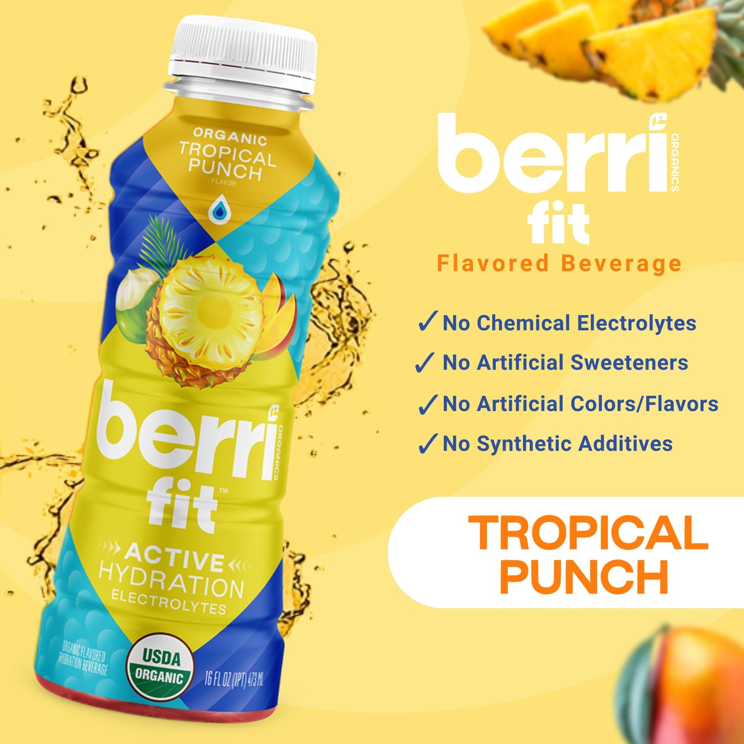 Berri Fit Hydration - Organic Tropical Fruit Flavor Natural Sports Drink - Plant-Based Electrolyte Beverage - Low Calorie, Paleo