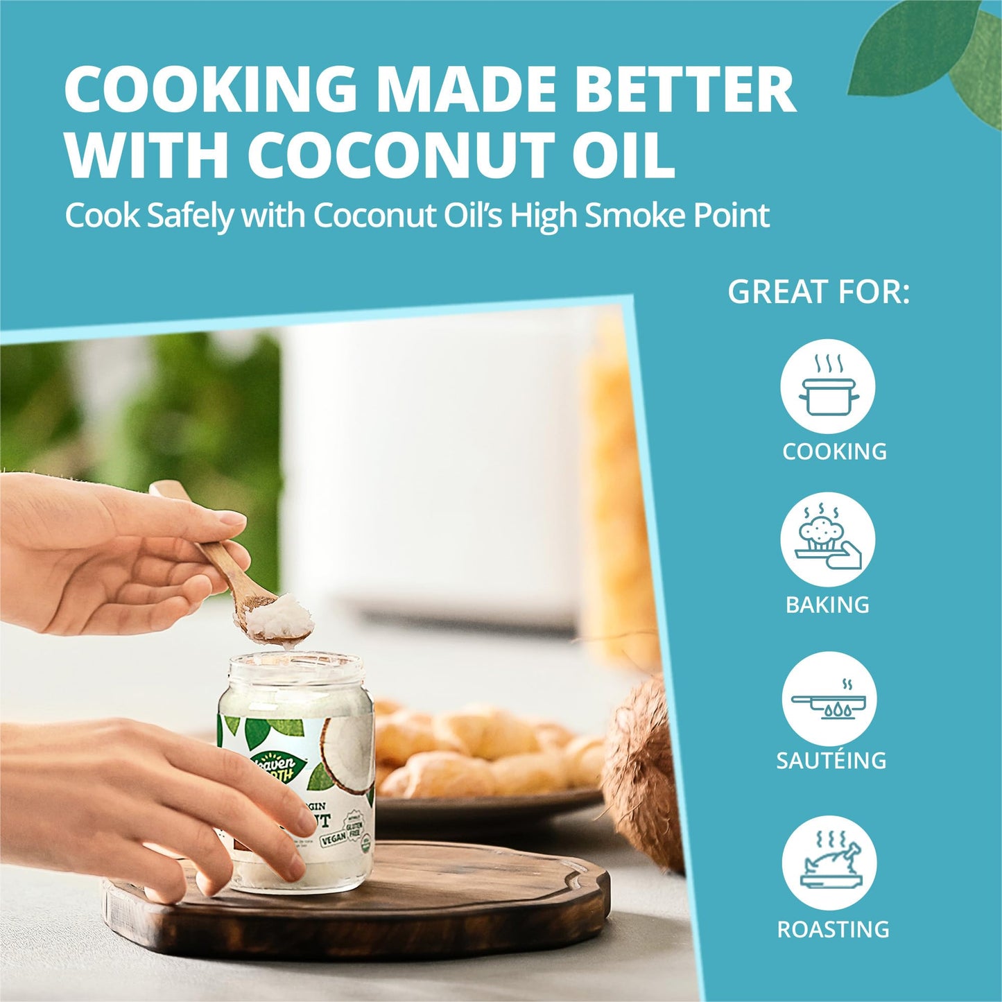 Heaven & Earth Organic Unrefined Virgin Coconut Oil, 16oz Glass Jar, Cold Pressed for Cooking, Hair & Skin, Kosher