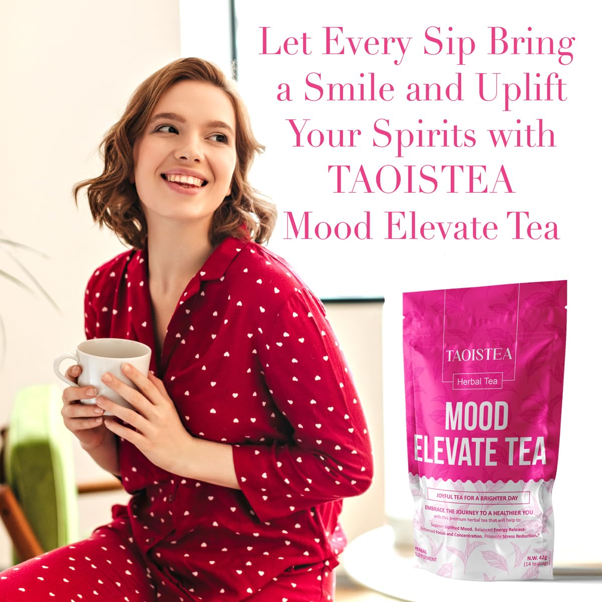 TAOISTEA Mood Elevate Tea, Energizing Herbal Blend with Ginseng, Green Tea & Ginkgo - 14 Bags, 1 Count