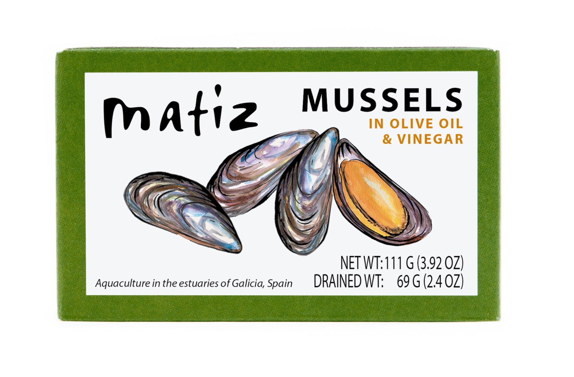 Matiz España Mussels in Extra Virgin Olive Oil & Apple Cider Vinegar, 4 oz. (Pack of 12), Handcrafted in Galicia, Spain