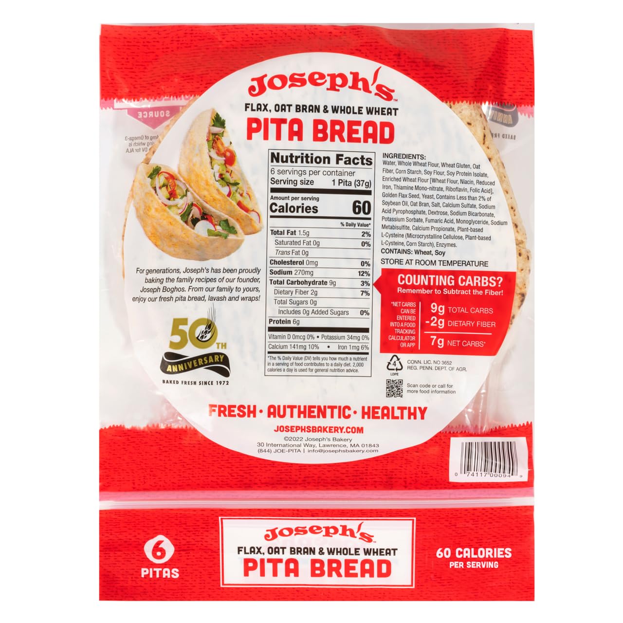 Josephs Pita Bread Reduced Carb, Flax Oat Bran & Whole Wheat, 18 Count, 7g Net Carbs per Serving