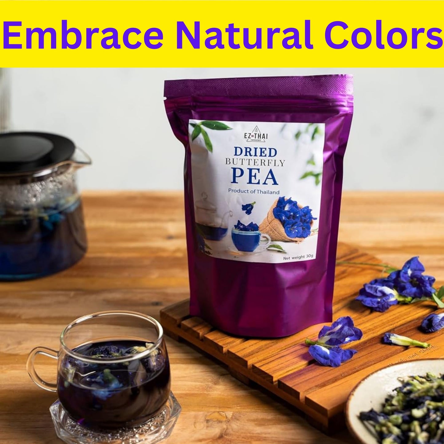 EZ THAI Premium Dried Butterfly Pea Flower Tea, Organic, Non-GMO, Vegan, Caffeine Free, 1.76 oz, Blue