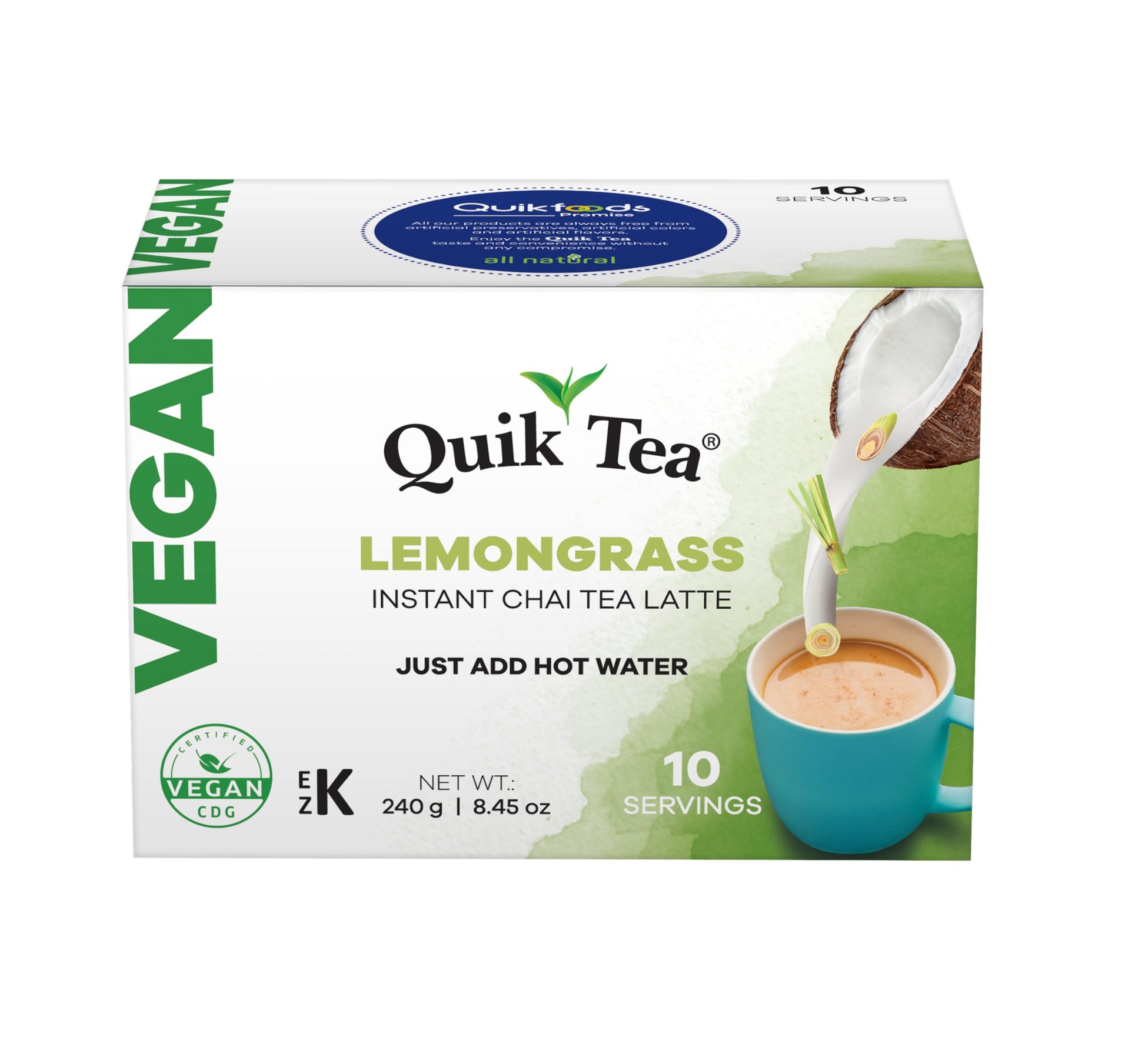 Quik Tea Vegan Lemongrass Instant Chai Tea Latte - 10 Pouches - Dairy Free, Non-GMO Superfood