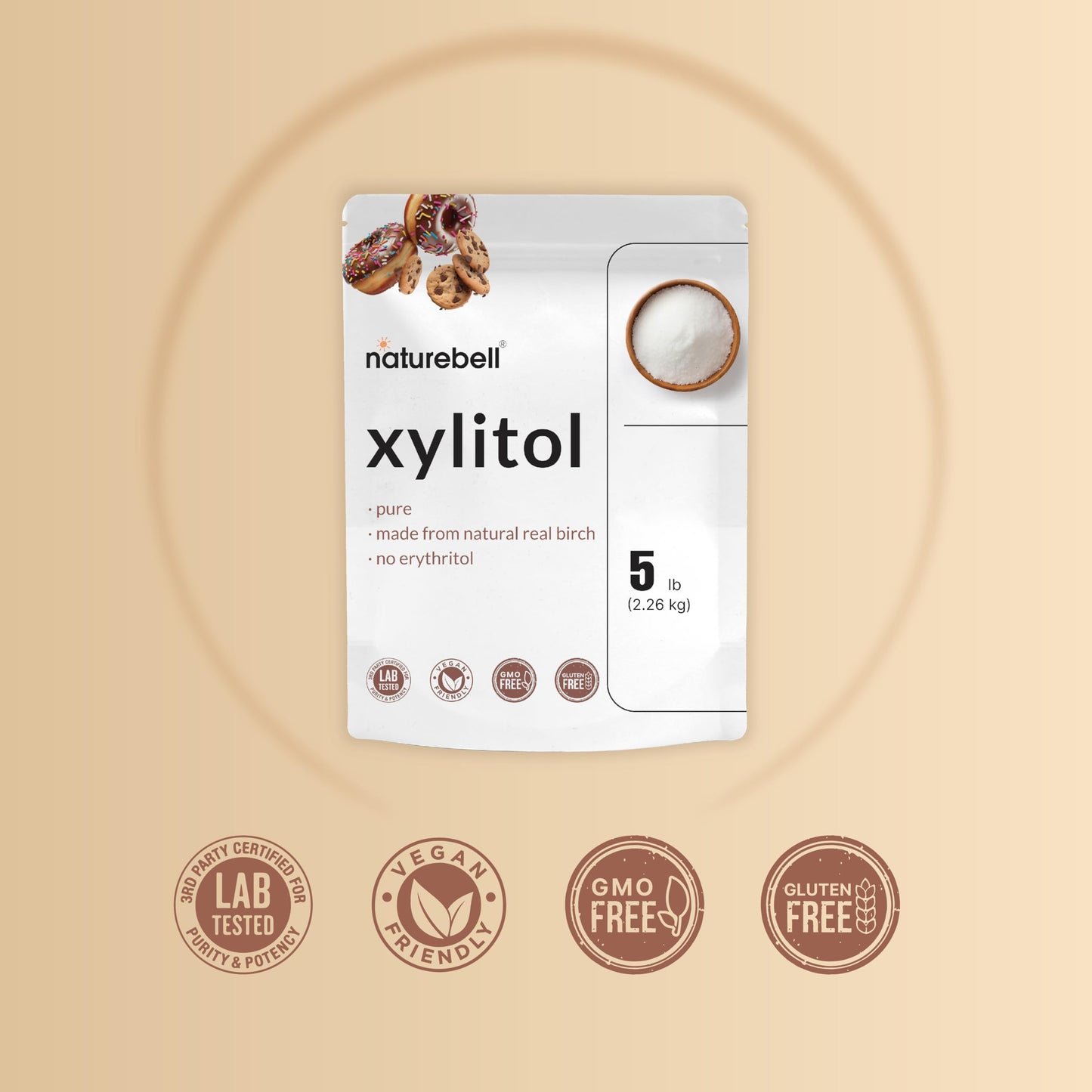 NatureBell Xylitol Sweetener  5lbs | Natural Birch Crystal Source - 1:1 Sugar Substitute - Sweet Flavor with No Erythritol - Low Calorie & Glycemic Impact - Sugar Free  No Aftertaste  Non-GMO